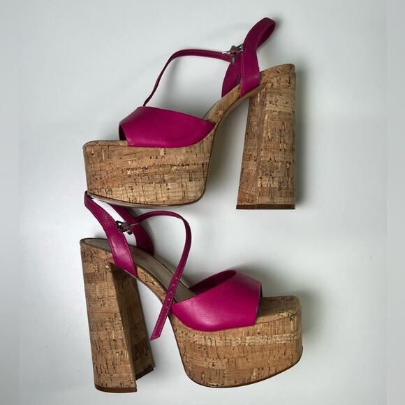 SCHUTZ Pink Leather Glayce Ankle Strap Buckle Platform Cork Sandal Heels 6.5 - Picture 4 of 9